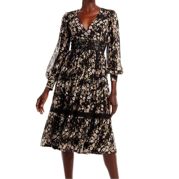 Aqua brand boho V-Neck Midi Dress with mini floral pattern and crochet trim - Picture 3 of 14